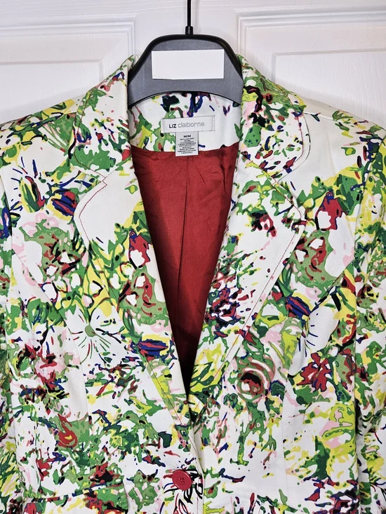 NWOT Liz Claiborne Women's White Floral Blazer Size M Red Lining Colorful Jacket - Picture 3 of 15